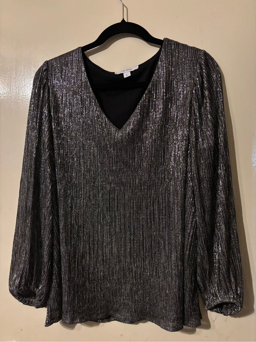 Nine West Silver Metallic V-Neck Long Sleeve Blouse